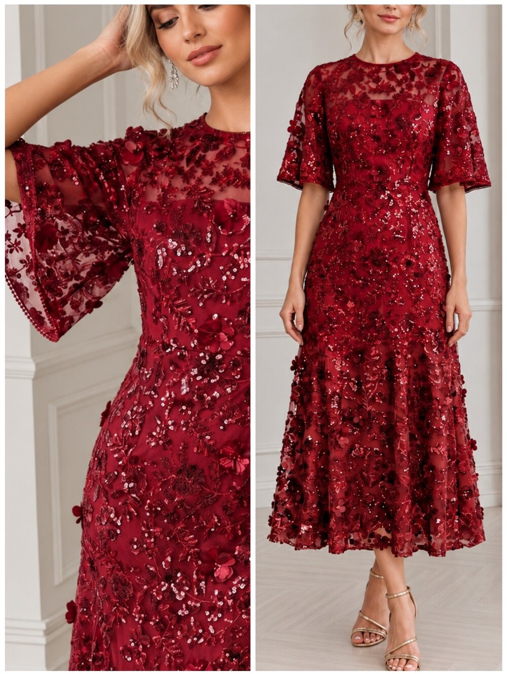 New Luxe Red Sequin Long Dress Flutter Short Sleeve Beaded Floral